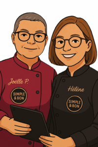 illustration des cheffes Joëlle et Hélène en tenue, avec logo Simple & Bon