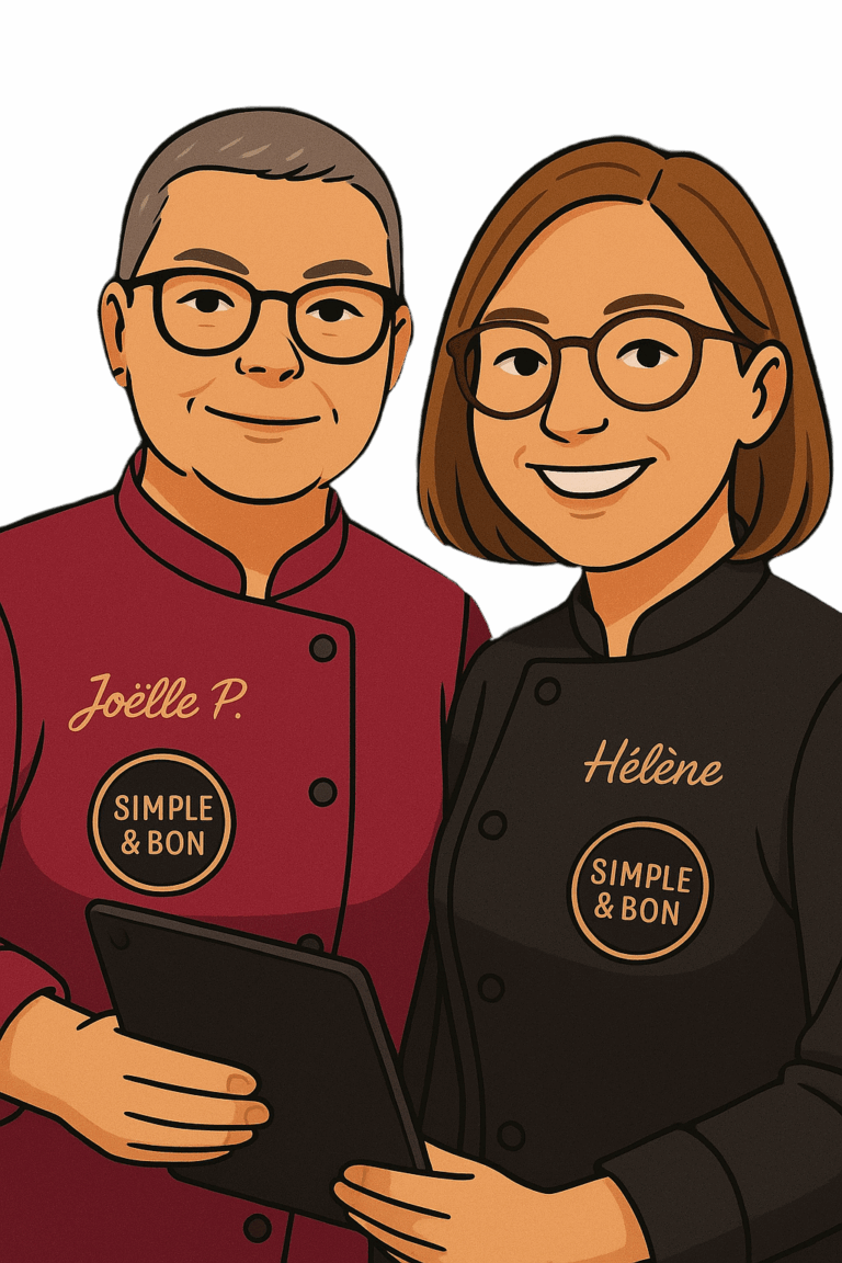 illustration des cheffes Joëlle et Hélène en tenue, avec logo Simple & Bon