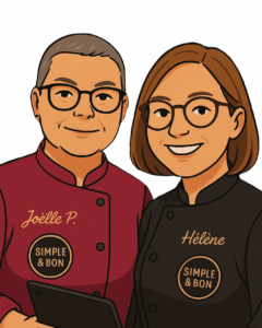 illustration des cheffes Joëlle et Hélène en tenue, avec logo Simple & Bon