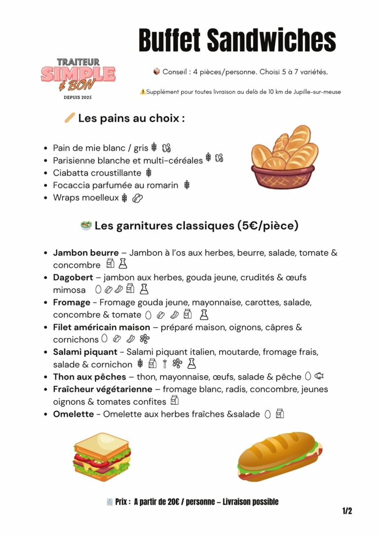 Affiche du traiteur Simple & Bon présentant le “Buffet Sandwiches” : choix de pains (pain de mie, parisienne, ciabatta, focaccia, wraps) et garnitures classiques (jambon beurre, dagobert, fromage, filet américain maison, salami piquant, thon aux pêches, fraîcheur végétarienne, omelette). Prix à partir de 20€/personne, livraison possible.