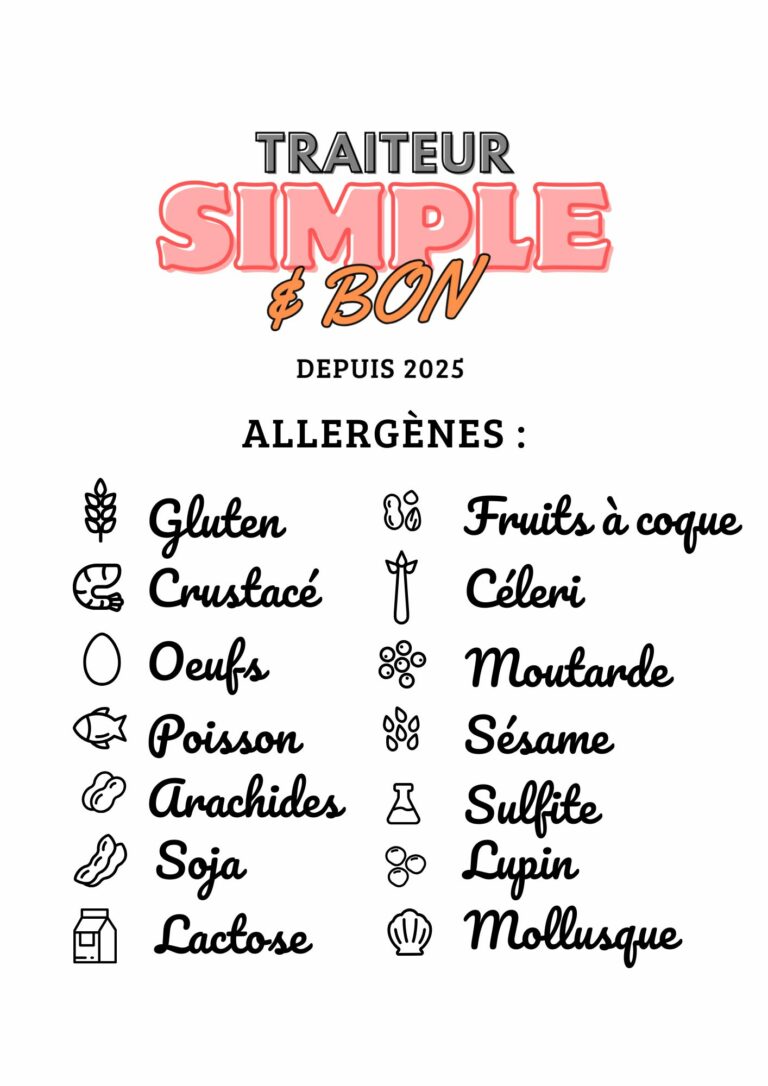 Logo du traiteur Simple & Bon, suivi de la mention "Depuis 2025" et d’une liste d’allergènes avec pictogrammes : gluten, crustacé, œufs, poisson, arachides, soja, lactose, fruits à coque, céleri, moutarde, sésame, sulfite, lupin, mollusque.