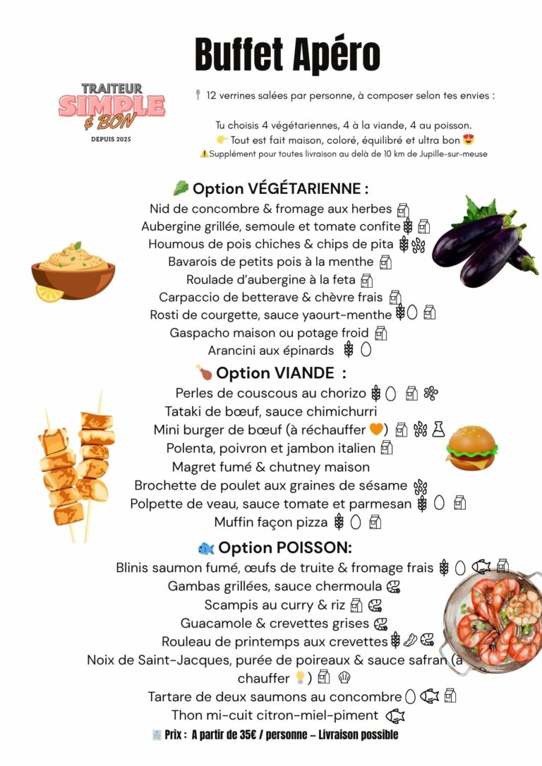 Affiche du traiteur Simple & Bon présentant le “Buffet Apéro” : 12 verrines salées par personne, au choix parmi des options végétariennes, viande et poisson. Liste détaillée des recettes et allergènes. Prix à partir de 35€/personne, livraison possible.