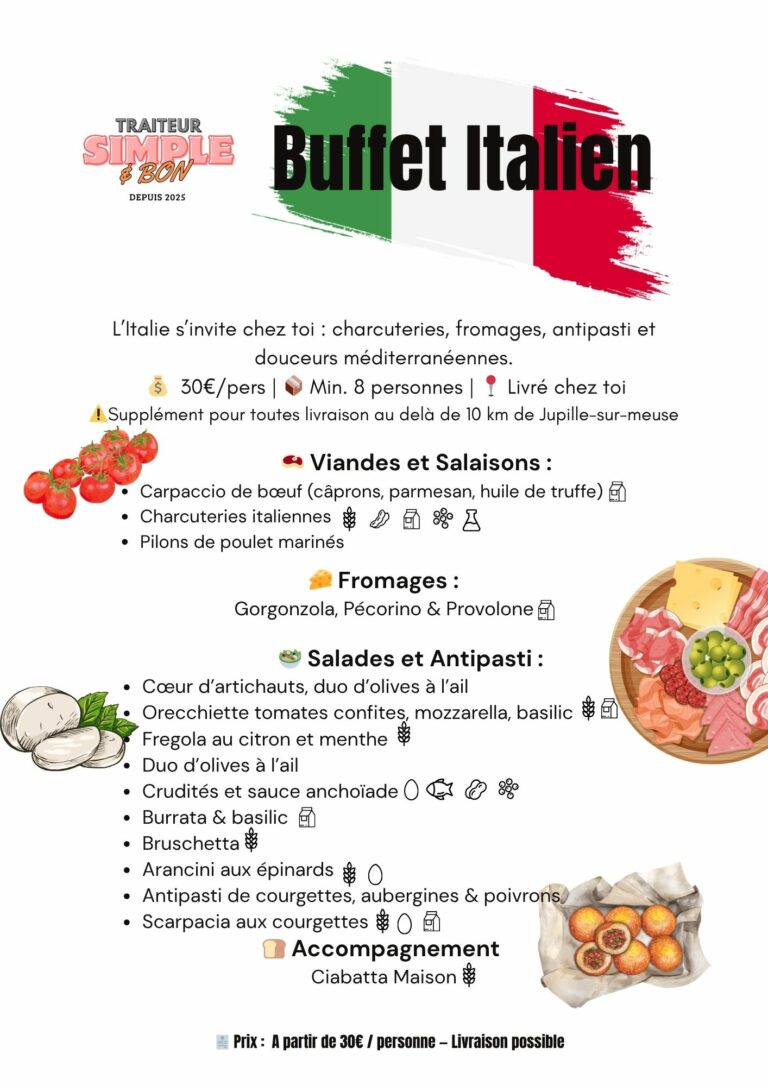 Affiche du traiteur Simple & Bon présentant le “Buffet Italien” avec charcuteries, fromages, antipasti et accompagnements. Prix 30€/personne, minimum 8 personnes, livraison possible. Liste détaillée des viandes, fromages, salades, antipasti et allergènes.