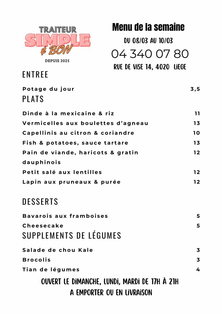 Menu de la semaine du 8 au 10 mars 2026